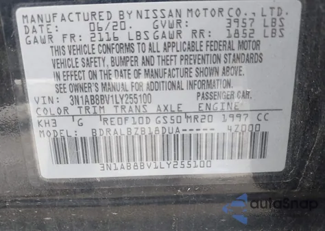 2020 Nissan Sentra S Xtronic Cvt z USA, uszkodzony, nr VIN 3N1AB8BV1LY255100